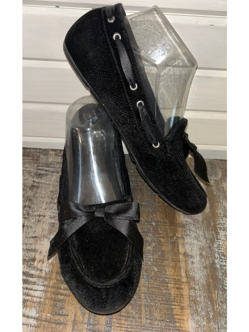 Vionic Womens Sz 7.5 Alice Holiday Black Suede Flats Silk Ribbon